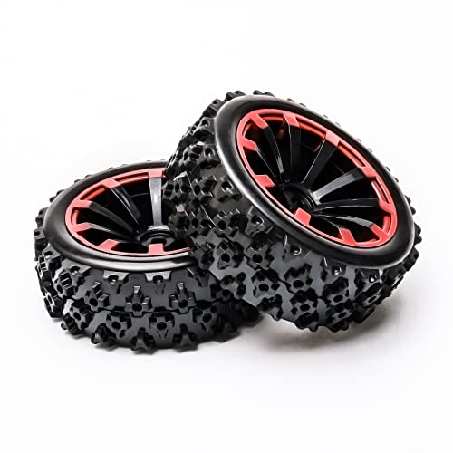 4PCS Tires and Wheels Sets for Various Remote-Controlled Cars - 1/10 1/14 Scale RC Crawler Car Upgrades - Black Red Rubber Beadlock Wheels & Rims with 12mm Hex - Enhanced Grip for Off-Road - color: Black & Red