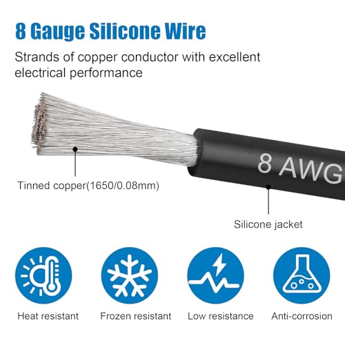 8 Gauge Silicone Wire (2 PCS) 5 FT Red + 5 FT Black Tinned Copper Core, Flexible 8 AWG High Temp Wire for Battery, Automotive, Solar, RC Car, Drones etc. - size: 8 AWG 5FT