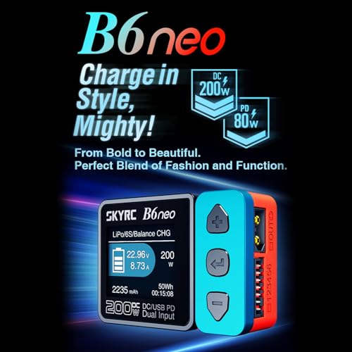GoolRC B6neo Smart Charger Lipo Battery Charger, DC 200W PD 80W Battery Balance Charger Discharger for 1-6s LiPo/Life/LiIon/LiHV Battery, 1-15s NiMH/NiCd Batteries (Black) - color: Black