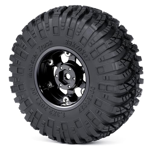 4PCS 1.3" Beadlock Wheel Tires Set Aluminum 1.3inch Beadlock Wheel Hub Wheel Rim ＆ 70mm/2.76inch Rubber Crawler Tires for 1/18 1/24 RC Crawler Car SCX24 TRX4M Upgrade Parts (Black) - color: Black