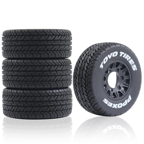 1/10 1/8 RC Short Course Truck Tires OD 4.33" and Wheels 12mm 14mm 17mm Hex for 1:8 1:10 Scale Off Road Truck Car Traxxas Slash 2WD 4×4 Rc4wd Arrma Senton Axial Losi Redcat 4PCS (Black) - color: Black