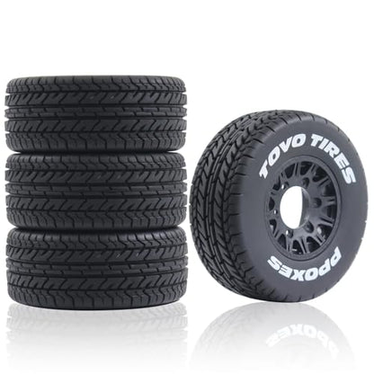 1/10 1/8 RC Short Course Truck Tires OD 4.33" and Wheels 12mm 14mm 17mm Hex for 1:8 1:10 Scale Off Road Truck Car Traxxas Slash 2WD 4×4 Rc4wd Arrma Senton Axial Losi Redcat 4PCS (Black) - color: Black