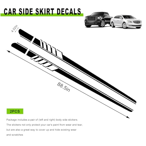 2 PCS Car Side Skirt Decals, 88.58"×4.52" PVC Racing Sports Stickers Waterproof Body Decoration, Personalized Long Stripes Sticker Creative Side Door Decals for Car Truck SUV (Black)