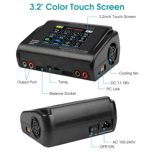 H200X2 Dual Lipo Battery Charger Touch Screen AC 200W / DC 400W 12A Smart Balance Charger for 1-6S LiPo Li-ion Life HV & 1-15S NiMH NiCd RC Car Drone Airplane Boat