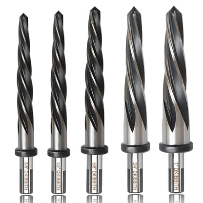 5 PCS M2 HSS Taper Chucking Reamer Set, 1/2" 3-Flat Round Shank Bridge/Construction Reamer Drill Bits for Steel, Metal, Wood, Alloy - Align and Enlarge Existing Holes to 3/8", 1/2", 5/8", 3/4", 1" - size: 5 Pcs Reamer Set