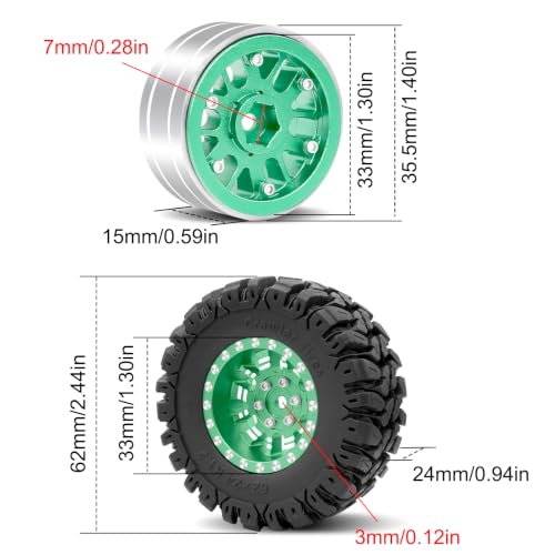 OGRC 1.3" Wheel and Tires 7mm Offset Beadlock Wheels for 1/24 1/18 RC Car | Aluminum, 7mm Hex, Soft and Sticky Tires, for TRX4M SCX24 RC Carwler Car, Green - color: Green