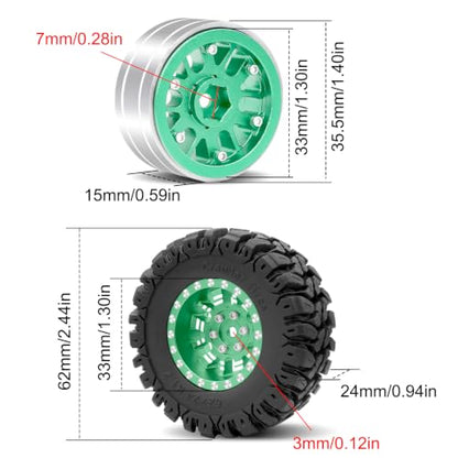OGRC 1.3" Wheel and Tires 7mm Offset Beadlock Wheels for 1/24 1/18 RC Car | Aluminum, 7mm Hex, Soft and Sticky Tires, for TRX4M SCX24 RC Carwler Car, Green - color: Green