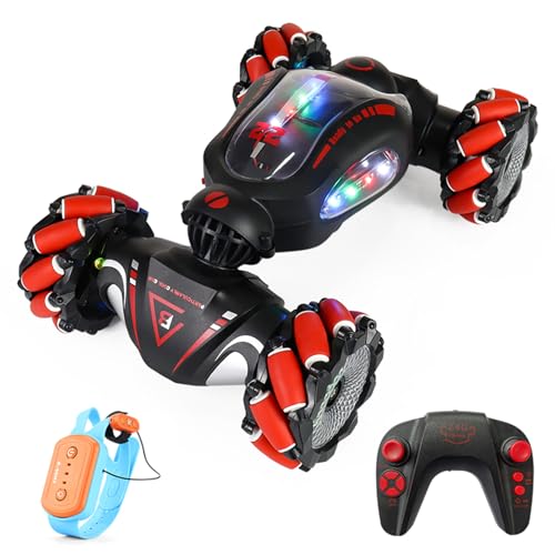 HUIOP Stunt Car 2.4GHz Car Spray Car with Function Lateral Movement,Breathing Light,Deformation,Double-Sided Driving,Wrist Watch-Dual - color: Red, size: 1 battery