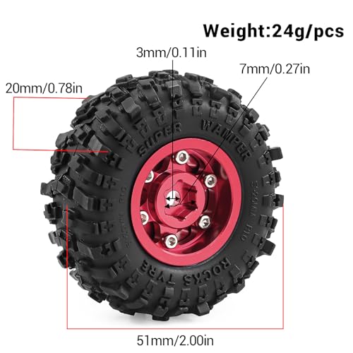 1.0" Beadlock Aluminum Wheels and 51mm Soft Rubber Tires | for SCX24, TRX4M, Ascent 18, FCX24, 1/18 1/24 RC Crawler, 7mm Hex, 0mm Offset, with Foam Inserts, (Red 105) - color: Red 105