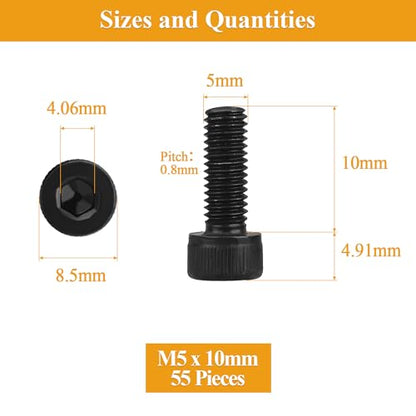 55 Pieces M5 x 10mm Socket Head Cap Screws, Thread Pitch 0.8mm, Sutemribor M5 Black Screws, 12.9 Grade Alloy Steel, Black Oxide Finish, Fully Threaded - size: M5 x 10mm, style: Socket Head