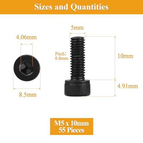 55 Pieces M5 x 10mm Socket Head Cap Screws, Thread Pitch 0.8mm, Sutemribor M5 Black Screws, 12.9 Grade Alloy Steel, Black Oxide Finish, Fully Threaded - size: M5 x 10mm, style: Socket Head