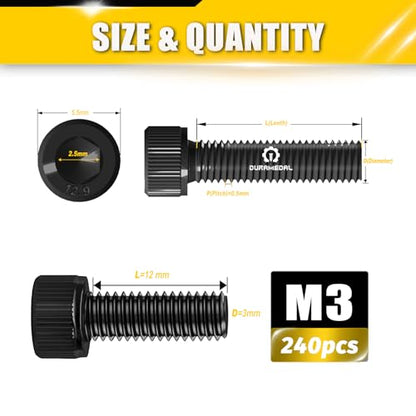 M3 x 12mm Screws 240pcs, Hex Socket Head Cap Screws Bolts, M3 x 12 Bolts 12.9 Grade Alloy Steel, Black Zinc Plated, Allen Socket Drive, Fully Threads, Machine Screws - size: M3*12mm 240pcs