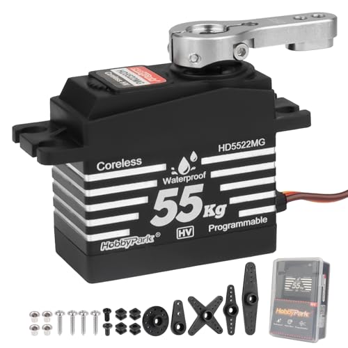 HobbyPark Waterproof RC Servo High Torque 55kg Coreless Motor Standard Size RC Steering Servos HV 4.8-8.4V All Metal Gears for 1/8 1/10 RC Cars Trucks Buggy Robotics Programmable 180°