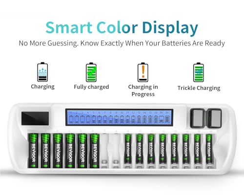 BEVIGOR AA AAA Battery Charger, Batteries Not Included | 16+2 Slot Independent Charging, 16 Slot For AA AAA 2 Slot For 9V NiMH NiCD Rechargeable Batteries, LCD Display, AC Input - size: 18 Bay Charger