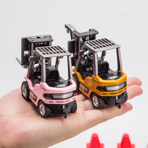 1/64 RC Forklift with Trailer, 2.4G Alloy Remote Control Forklift for Adults, Mini Forklift Truck with Cargo Hook/Forks/Pallet, RC Engineering Vehicle, Gift Collectibles - style: 1/64 RC Forklift, Pink