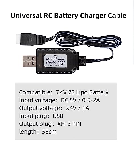 Universal RC Battery Charger Cable with XH3 Pin Connector Plug for 7.4V 2S Lipo Battery, Compatible RC Car/RC Boat/RC Plane/RC Drone/RC Tank/RC Helicopters and Other Remote Control Toys