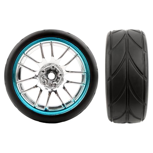 RC 1/10 Scale On Road Tires OD2.55 Replacement Rubber Wheel Rims 12mm Hex Compatible with Traxxas 4 Tec 2.0 Tamiya TT01 XV01 Kyosho WR8 Sakura WLtoys HPI Touring Racing Car - color: Blue