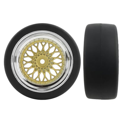 4-Pack RC 1/10 Scale On Road Slick Tires OD2.55 Rubber Wheel Rims 12mm Hex Compatible with Traxxas 4 Tec 2.0 Tamiya TT01 XV01 Kyosho WR8 Sakura WLtoys HPI Touring Racing Car (Gold)