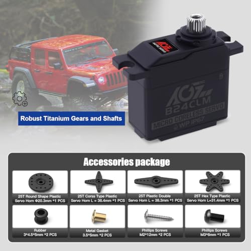 AGFRC B24CLM 6KG IP67 Waterproof Micro Servo for 1/16 RC | 0.085s/60° Speed, HV, Titanium Gears, Programmable, Digital, Coreless Motor, for 1/16 RC Cars, Boats & Crawlers