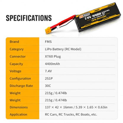 BEEZRC FMS RC Car Parts LIPO Battery 2S LIPO Battery 7.4V 4400mAh 30C for 1/6 1941 MB Scaler Willys,1/6Jimmy,1/10 Atlas,1/10 FJ40 RS,FJ40, Mashigan,Canyon; FCX10 LC80, FCX10 K5, - color: C1542-4400mah