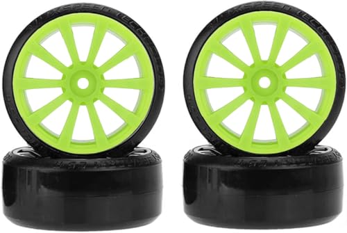Hard Plastic 63mm Drift Car Tyres 12mm Wheels for 1/10th Scale HSP Tamiya HPI Kyosho TT02 Road Drift Car Hard Tyre Replacement, Set of 4 (Green) - color: Green