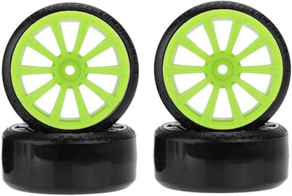 Hard Plastic 63mm Drift Car Tyres 12mm Wheels for 1/10th Scale HSP Tamiya HPI Kyosho TT02 Road Drift Car Hard Tyre Replacement, Set of 4 (Green) - color: Green