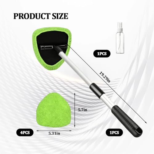 Car Windshield Cleaner Tool, Extendable Handle Pentagonal Vehicle Window Cleaning Kit with 4 Reusable Pads Spray Bottle, Auto Windscreen Detailing Cleaner, Universal Fit (Green) - size: Green