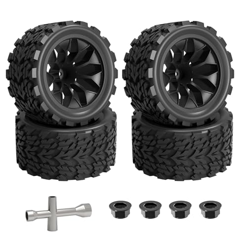 Hosim 4pcs 12mm hex Wheels and Tires for RIAARIO and AMORIL 1/10 RC Trucks, for Traxxas Rustler Stampede 2wd 4x4 VXL Mini X17 X25 X27 Rubber Wheel Replacements 4.66 OD x 2.17 Width - color: Black