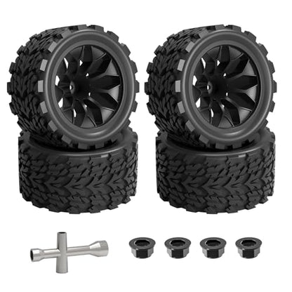 Hosim 4pcs 12mm hex Wheels and Tires for RIAARIO and AMORIL 1/10 RC Trucks, for Traxxas Rustler Stampede 2wd 4x4 VXL Mini X17 X25 X27 Rubber Wheel Replacements 4.66 OD x 2.17 Width - color: Black