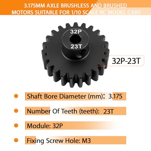 32P 23T Pinion Gear 3.175mm Shaft Hardened Steel, 32 Pitch Motor Gear for 1/10 Scale RC Car Truck Crawler Monster Buggy, Compatible with Traxxas for Axial 540 550 Brushed 3650 3660 Brushless - color: 23T
