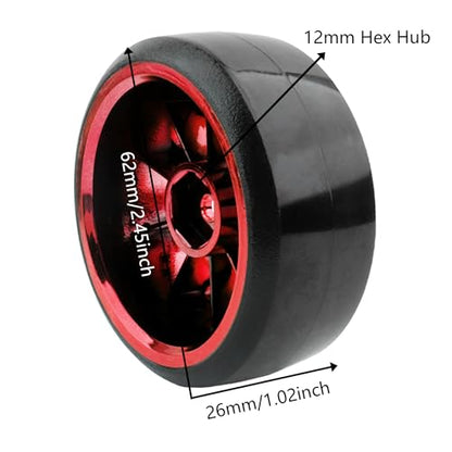 4 Pieces OD 2.45" Hard Plastic Drift RC Tire 12mm Hex On Road Touring Racing Bald Wheels Compatible with 1/10 Scale HSP Tamiya Kyosho Traxxas Sakura WLtoys RC Trucks (Red) - color: Red