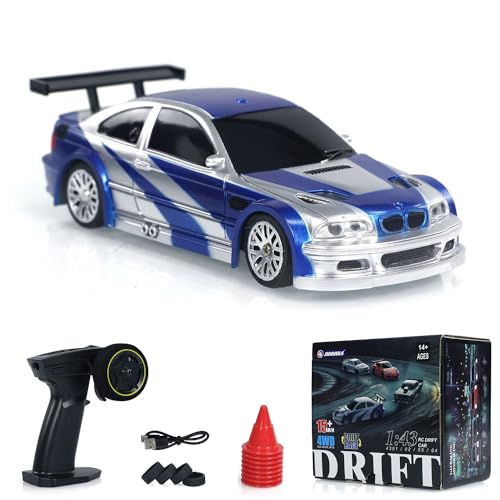 1/43 RC Scale Ready to Go Race Car Remote Control Drift 4WD Mini Lights System 4WD Racing Car RC Full Proportional 2.4g Mini Race Gift Radio Control High Speed Model Without Gyro, - color: Blue and Silver