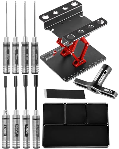 RC Tool Kit w/Height Adjustable Work Stand, 1.5 2.0 2.5 3.0mm Hex, 4.0 5.5 7.0 8.0mm Nut Driver, 17mm Wheel Socket &Screw Tray for 1/10 TRX4 Slash 4X4 BL-2S SCX10 III SENTON L0S1 1/8,Black - color: Black(1set)