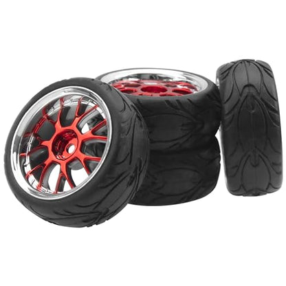 ShareGoo Plastics Wheel Rims w/Rubber Tire RC 12mm Hex Hub Compatible with HSP Tamiya XV01 TT01 Kyosho Traxxas Sakura WLtoys HSP 3Racing 1/10 RC On-Road Racing Touring Car (Red) - color: Red