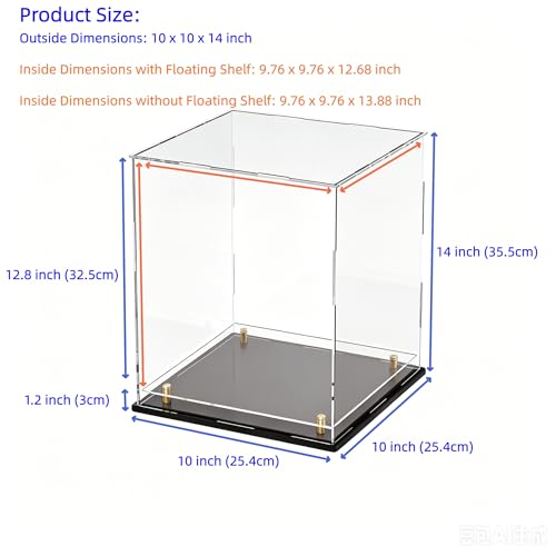 Acrylic Display Case with Raised Shelf, Clear Display Box with Black Base & Gold Standoffs, Dustproof Showcase for Collectibles, Figures, Model Cars – Easy Assembly (10×10×14 Inch) - size: 10"L x 10"W x 14"H