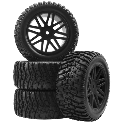 OD 96mm RC Off Road Short Course Truck Tire w/Plastic Rim 12mm Hex Compatible with 1/10 Scale Buggy Car HSP 94170 94155 Wltoys 1/14 144001 124019 RC Car (Black) - color: Black