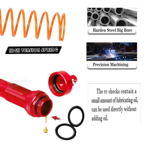 Aluminum Big Bore RC Shock Absorber Upgrades Part for 1/10 Slash 2WD 4x4,Stampede 2WD 4X4,Rustler 2WD 4X4,Hoss 2WD 4X4,Alloy 4PCS Front Rear RC Shocks w/Golden spring,Red - color: Red - Upgrades Part