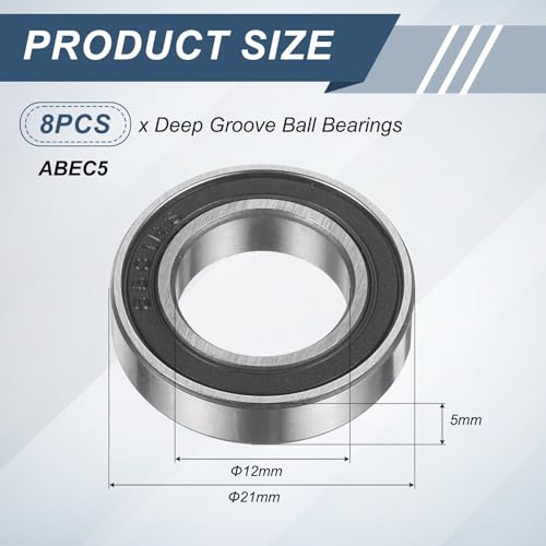 uxcell 8Pcs 6801 2RS 12mmx21mmx5mm Deep Groove Ball Bearings, Double Rubber Shielded Bearing Steel ABEC5 High Performance for Industrial Machinery Precision Transmission, Black - size: 6801 2RS 12mmx21mmx5mm