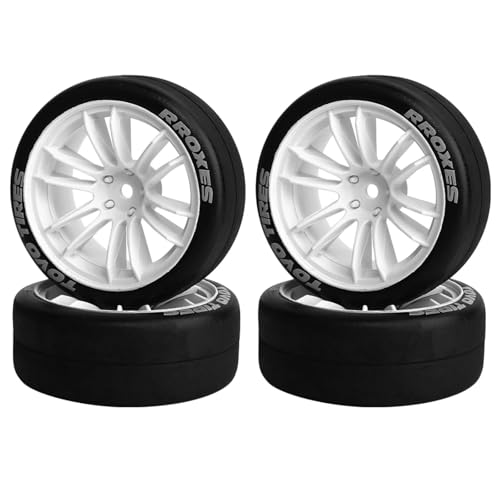 4PCS RC Drift Tires and Plastic Wheels Rims, 65mm Hard Drift Tyres for 1/10 On Road Touring Street Cars, Compatible with Tamiya TT01 TT02 XV01 XV02 Traxxas HPI KYOSHO PTG2 A959 (White) - color: White