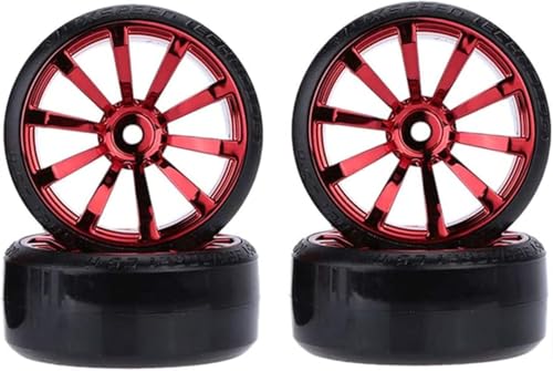 Hard Plastic 63mm Drift Car Tyres 12mm Wheels for 1/10th Scale HSP Tamiya HPI Kyosho TT02 Road Drift Car Hard Tyre Replacement, Set of 4 (Red) - color: Red