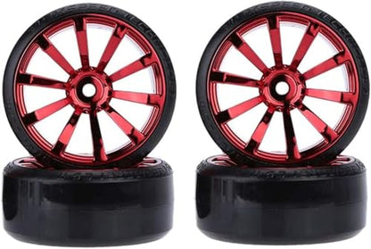 Hard Plastic 63mm Drift Car Tyres 12mm Wheels for 1/10th Scale HSP Tamiya HPI Kyosho TT02 Road Drift Car Hard Tyre Replacement, Set of 4 (Red) - color: Red