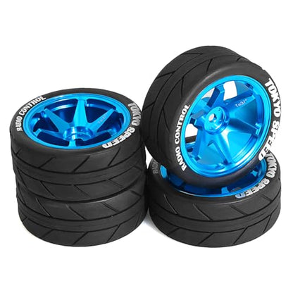 1/10 On Road Tires and Aluminum Wheels 12mm Hex RC Rally Racing Tyres OD 2.56" for Tamiya TT01 TT02 XV01 TA06 A959 PTG2 HPI KYOSHO PTG2 Traxxas 1:10 Street Touring Drift Car 4PCS (Blue) - color: Blue