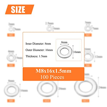 HELIFOUNER 100 Pieces M8 Flat Washers, 304 Stainless Steel, Inner Diameter 8mm, Outer Diameter 16mm, Thickness 1.5mm, Fender Washers, Metal Washers for Screws Bolts - size: M8
