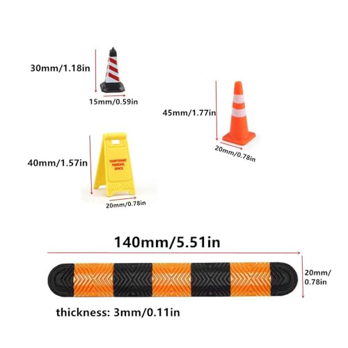Limen 1/18 1/24 RC Car Scene Accessories Set, Mini Speed Bumps, Traffic Cones and Warning Signs for SCX24 TRX4M RC Crawler Garage Display Decoration