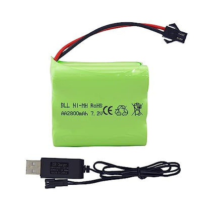 AA 7.2V 2800mAh Ni-MH High Capacity Battery with SM-2P Plug and USB Charging Cable for Toy Tank Engineering, Flat Semi-Trailer Trucks, RC Cars Spare Batteries Pack