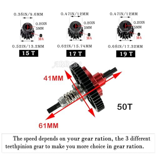 50T Metal Slipper Clutch Spur Gear&Center Drive Shaft Upgrades Part for 1/10 Slash 4X4 VXL,ARRCat Full Metal 50T (32-Pitch) Spur Gear Differential Gear w/ 19T 17T 15T Pinions,Red - color: Red (50T)