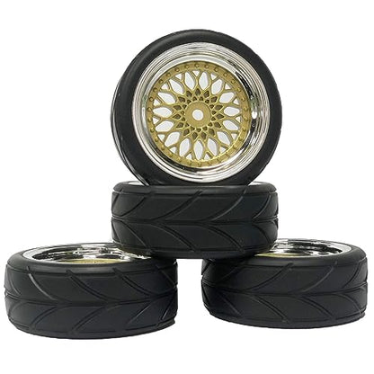 4PCS 64mm RC Rubber Tires and Plastic Plating Wheel Rims Set Replacement Part 12mm Hex for 1/10 RC On Road Run-flating Touring Racing Drift Car Tyre(Gold Silver,Offset:3mm) - color: Gold Silver, size: Offset:3mm