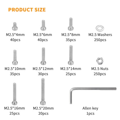 750 Pcs M2.5 Screws, Nuts and Washers Set - Metric Hex Socket Head Cap Bolts Kit - Stainless Steel Machine Screws Assortment With Fully Threaded Hex Nuts - size: M2.5