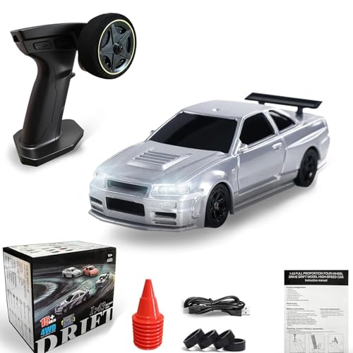 1/43 Mini RC Drift Car with Gyroscope, 2.4GHz 4WD Full Proportional High Speed Micro Hobby RC Cars with Lights Racing Tires, Fast Small Remote Control Car, Toy Model Gift for Adults Kids Boys Girls - color: Silver-g