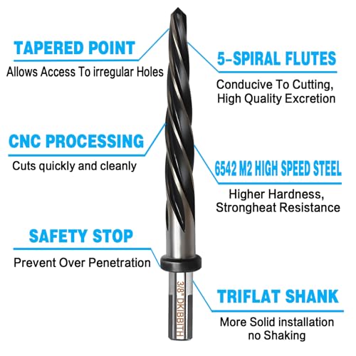 3/8” Bridge Construction Reamer Drill Bit, M2 HSS Taper Chucking Reamer for Steel Alloy Metal Wood Plastic, 3/8" Non-Slip Shank, 5-Spiral Flutes Car Reamer, to Align or Enlarge Holes, 10mm - size: 3/8”